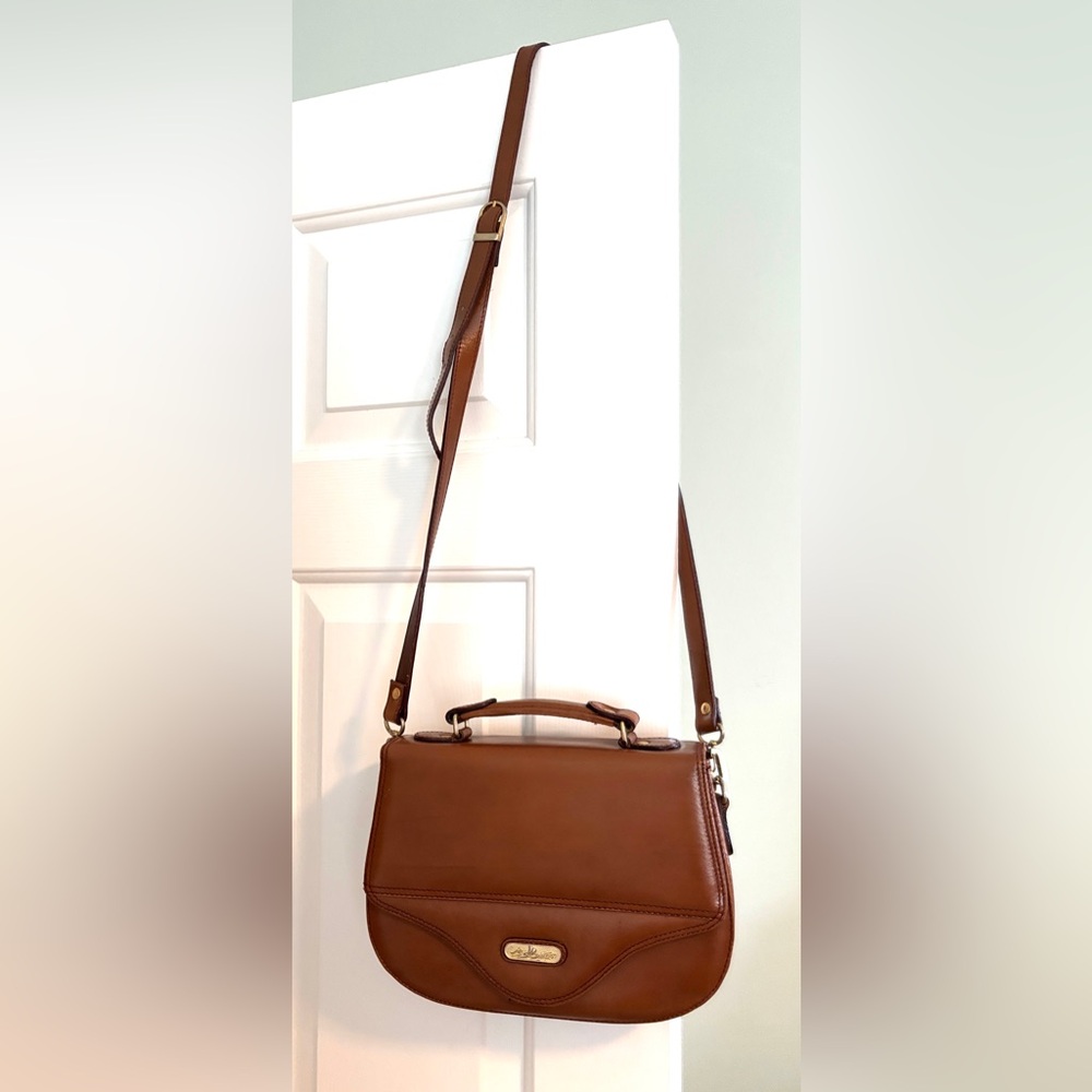 Vintage Cognac Brown Leather Crossbody Satchel Bag